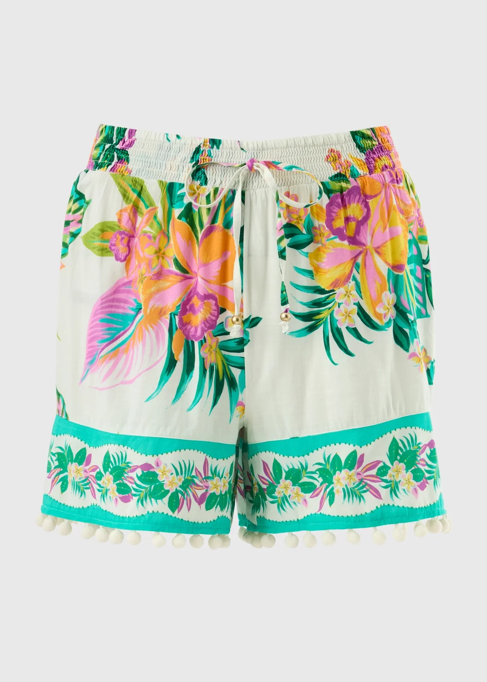 Cream Floral Border Print Co Ord Beach Shorts - S Image 3