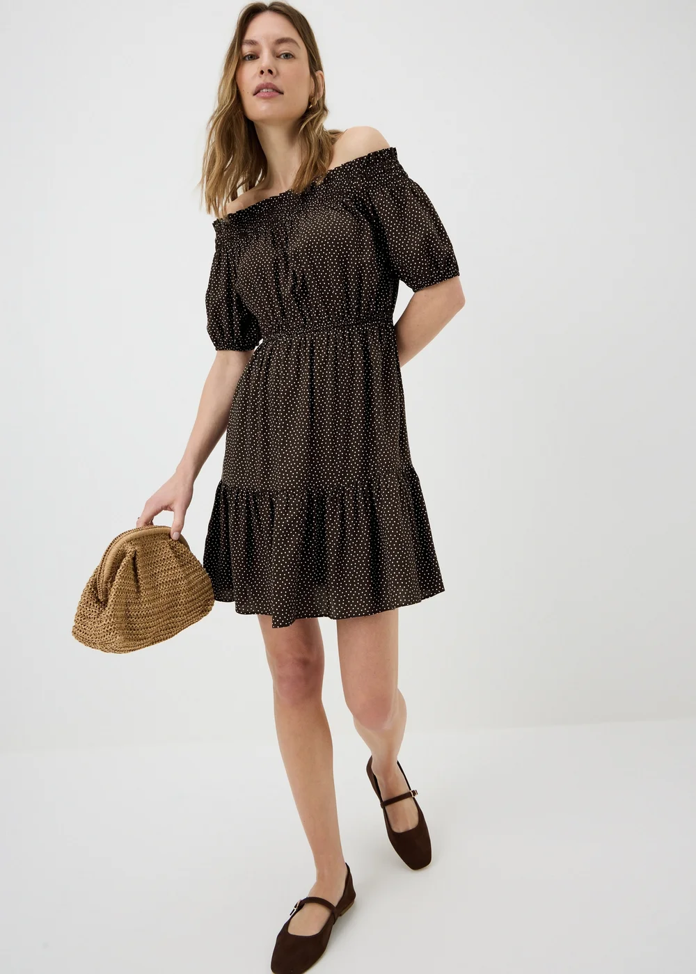 Chocolate Brown Spot Print Bardot Mini Dress - 8 Image 1