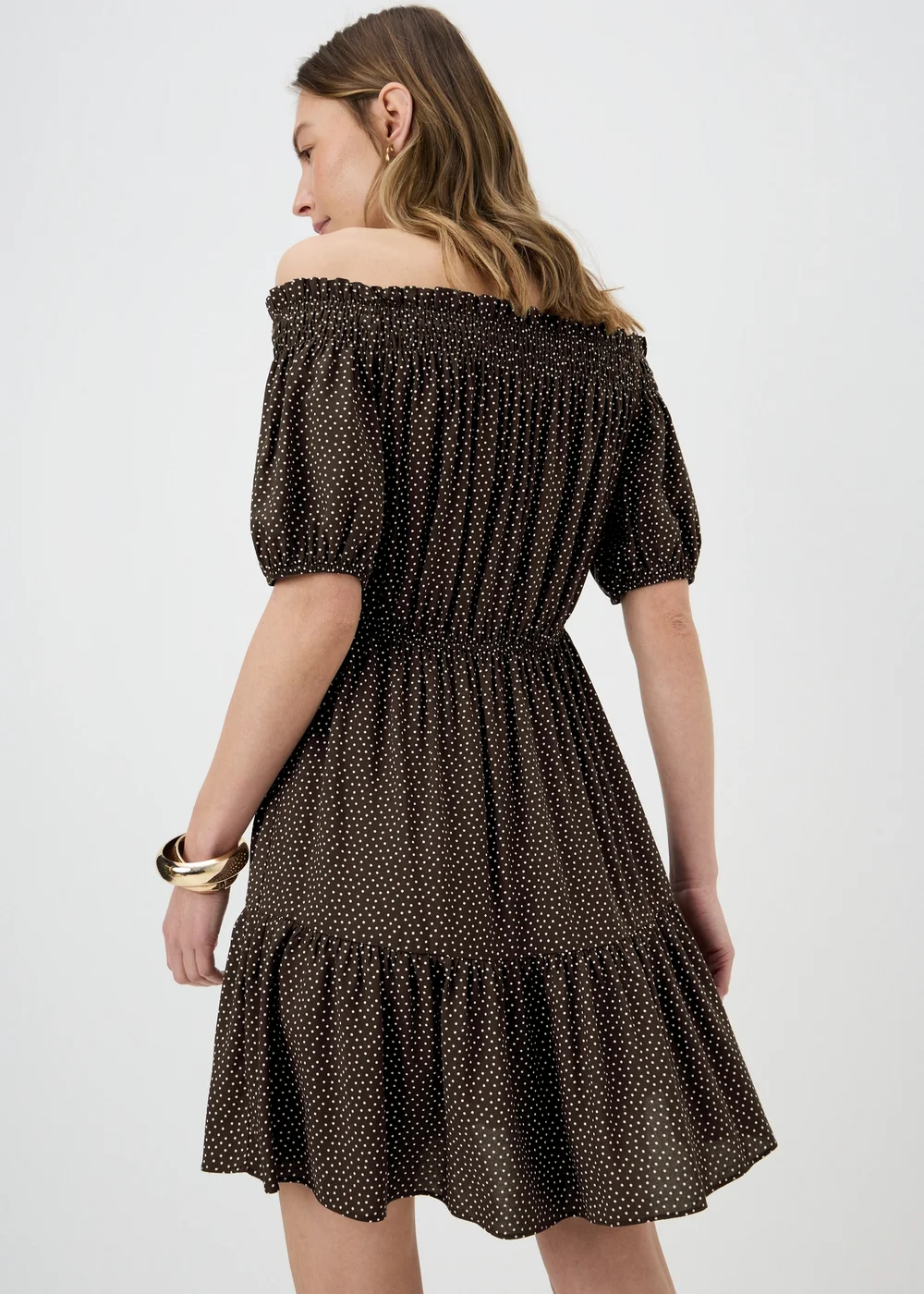 Chocolate Brown Spot Print Bardot Mini Dress - 8 Image 2