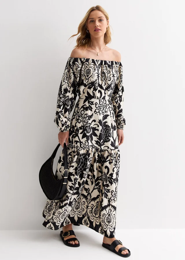 Gini London Mono Border Print Bardot Maxi Dress