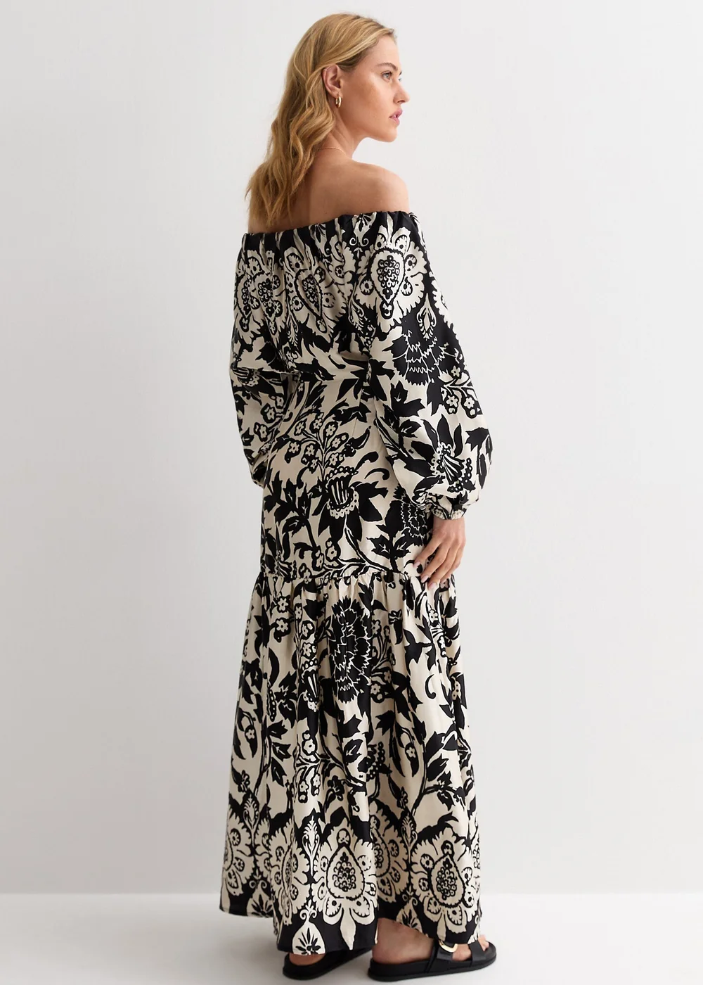 Gini London Mono Border Print Bardot Maxi Dress - Size 10 Image 2