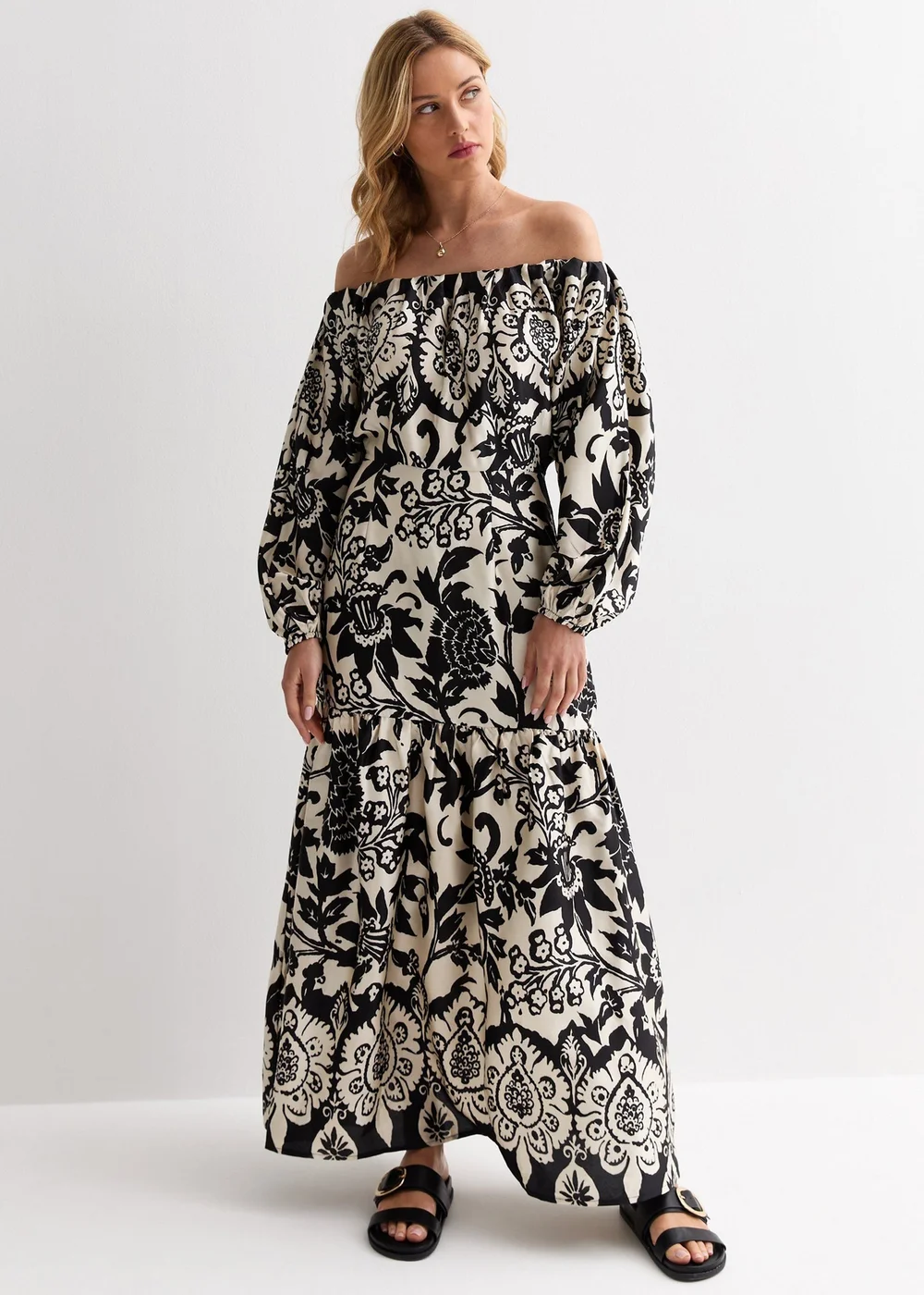 Gini London Mono Border Print Bardot Maxi Dress - Size 10 Image 4