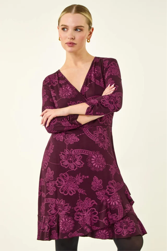 Roman Magenta Petite Floral Frill Wrap Dress