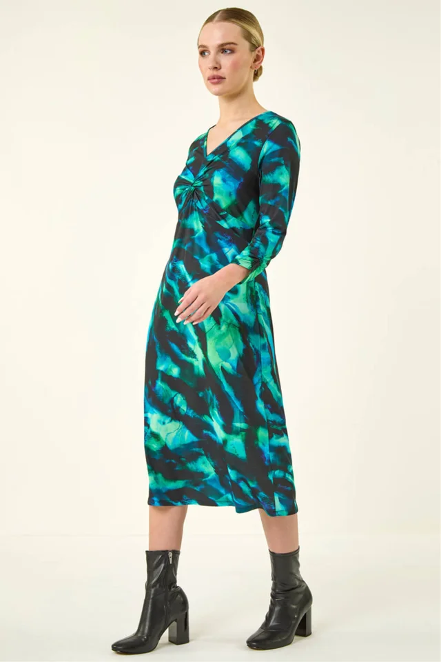 Roman Green Petite Abstract Twist Front Dress