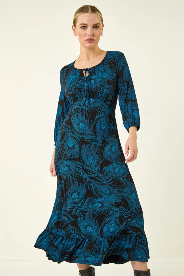 Roman Blue Petite Feather Print Keyhole Midi Dress