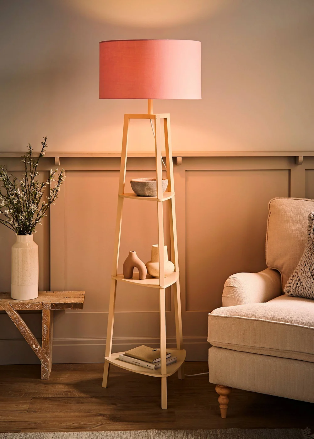 ValueLights Hiru Cream 3 Tier Shelf Floor Lamp with Blush Drum Shade - One Size Image 2