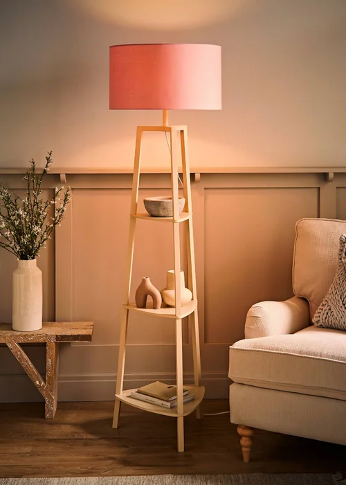 ValueLights Hiru Cream 3 Tier Shelf Floor Lamp with Blush Drum Shade - One Size Image 2