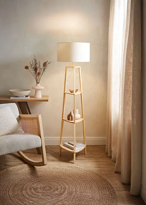 ValueLights Hiru Natural 3 Tier Shelf Floor Lamp with White Trim Linen Shade - One Size Image 1