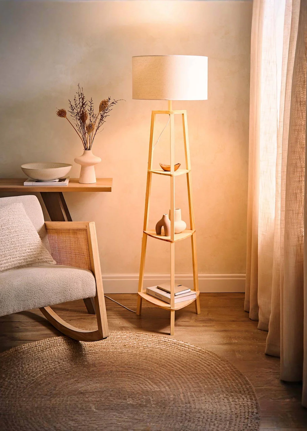 ValueLights Hiru Natural 3 Tier Shelf Floor Lamp with White Trim Linen Shade - One Size Image 2