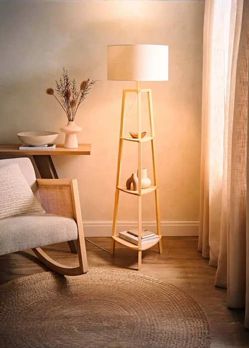ValueLights Hiru Natural 3 Tier Shelf Floor Lamp with White Trim Linen Shade - One Size Image 2