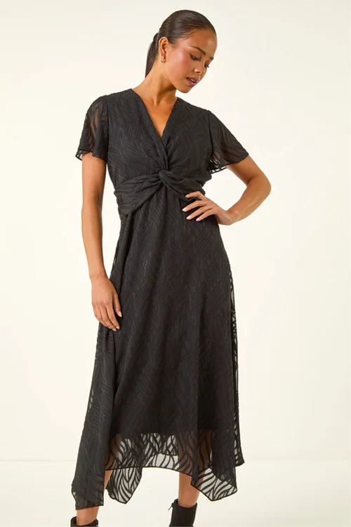 Roman Black Petite Front Twist Jacquard Dress - Size 16 Image 1