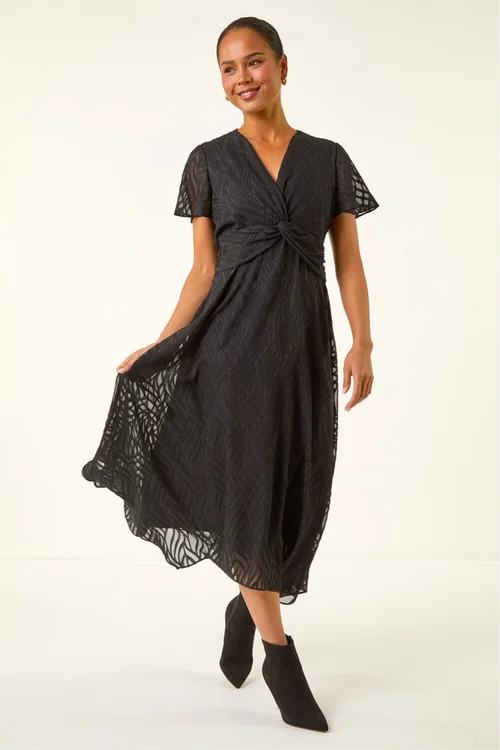 Roman Black Petite Front Twist Jacquard Dress - Size 16 Image 3