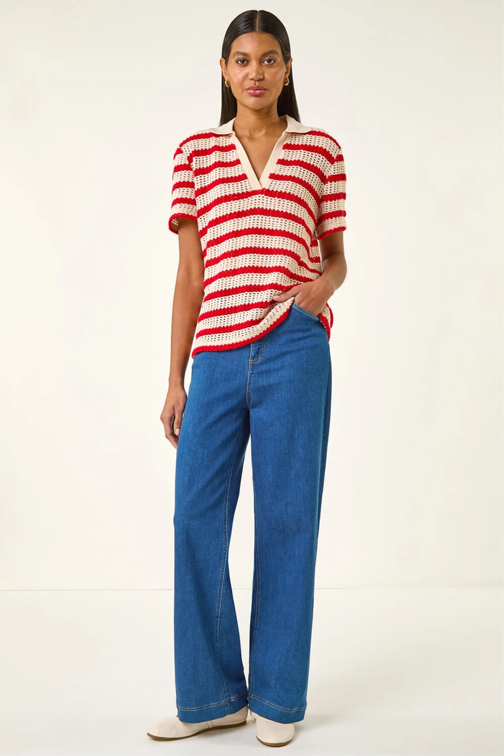 Roman Red Stripe Crochet Collar Knit Top - Size 20 Image 2