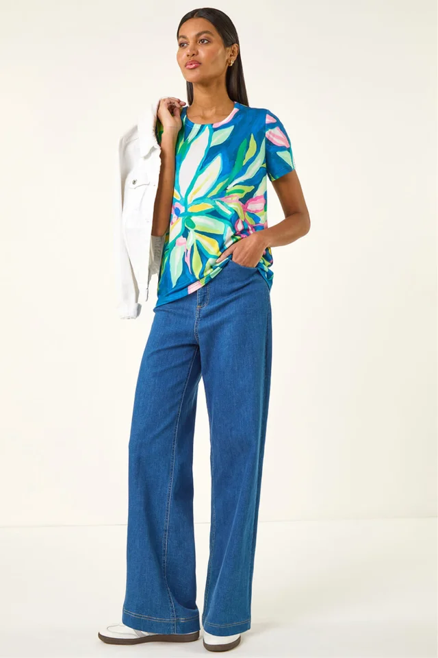 Roman Green Floral Print Stretch Top