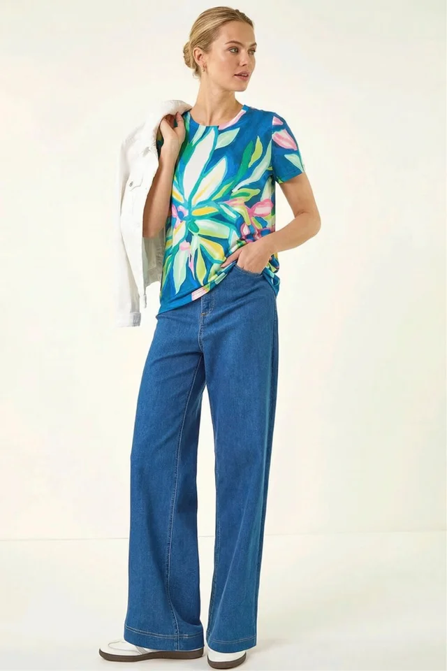 Roman Green Floral Print Stretch Top