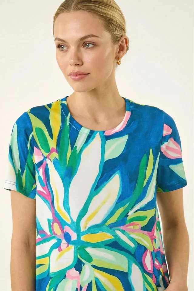 Roman Green Floral Print Stretch Top