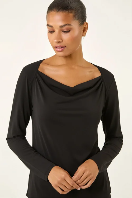 Roman Black Cowl Neck Premium Stretch Top - Size 16 Image 1