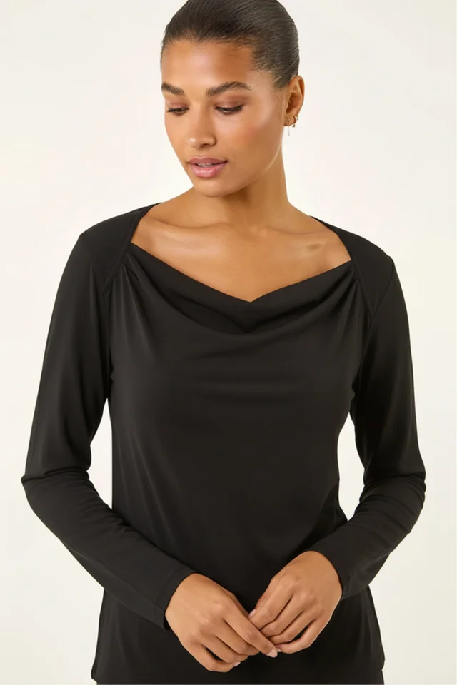 Roman Black Cowl Neck Premium Stretch Top