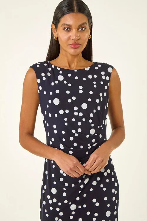 Roman Navy Spot Print Gathered Stretch Dress - Size 20 Image 4
