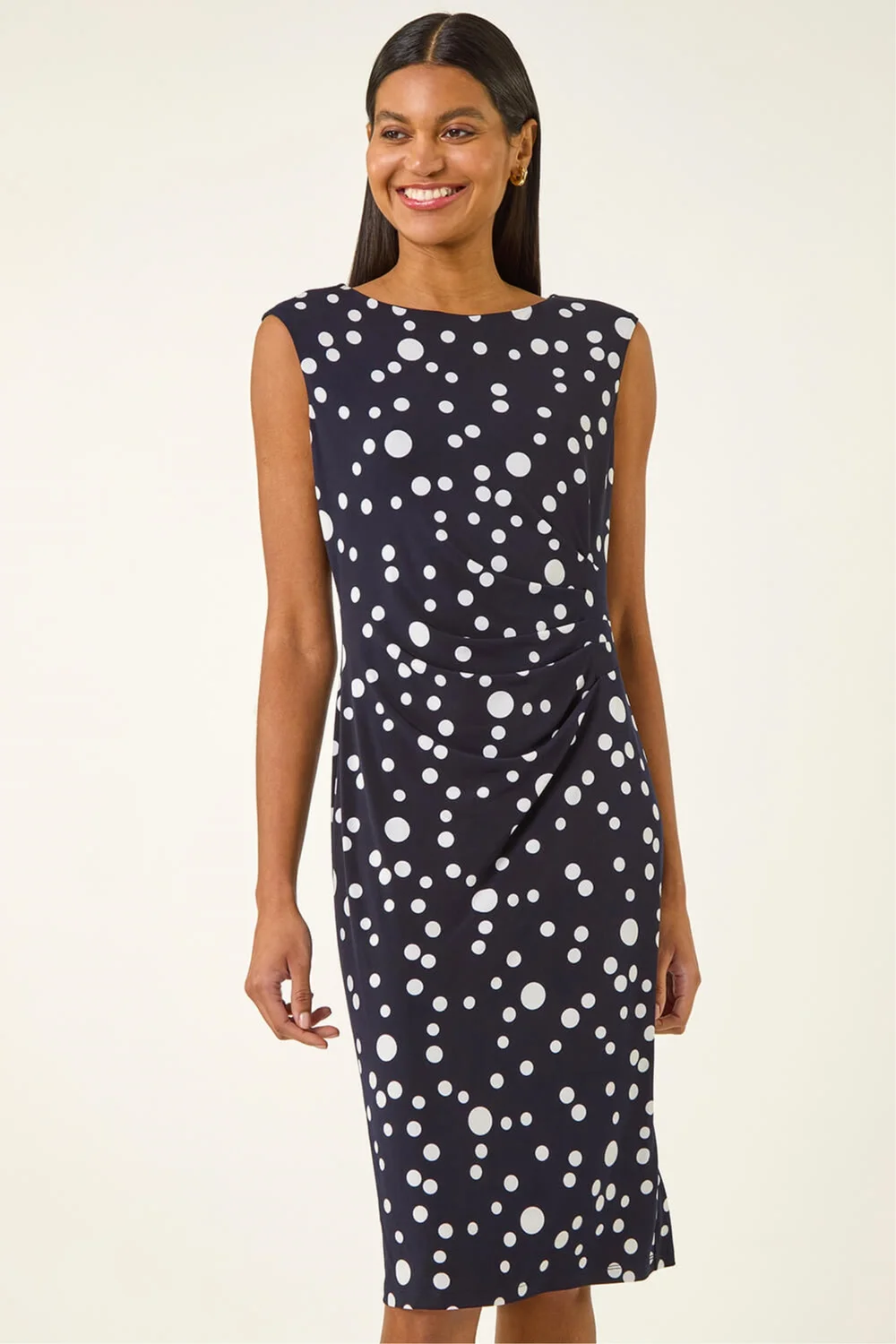 Roman Navy Spot Print Gathered Stretch Dress - Size 20 Image 1