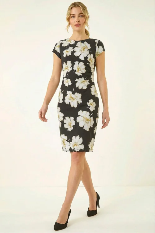 Roman Black Floral Gathered Shift Dress - 16 Image 1