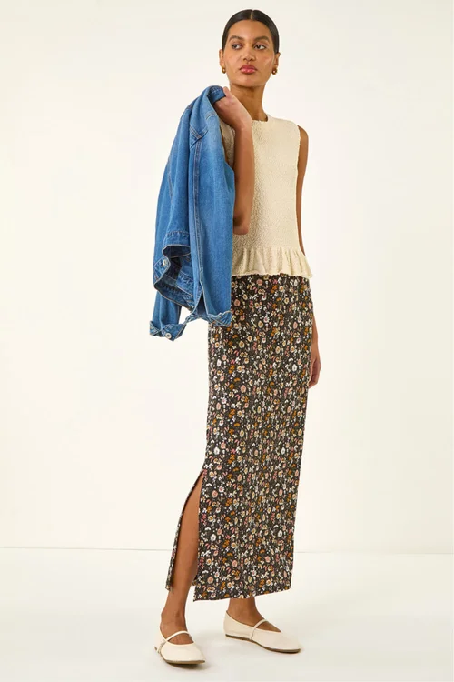 Roman Pink Ditsy Floral Stretch Maxi Skirt - Size 16 Image 3