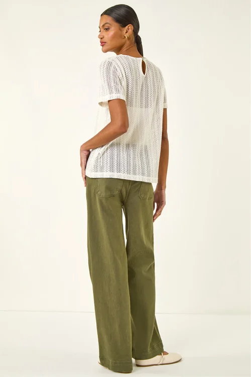 Roman Cream Textured Floral Line Stretch Top - Size 18 Image 3