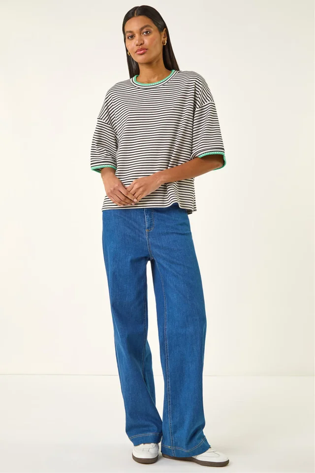 Roman Black Stripe Print Stretch Tunic Top