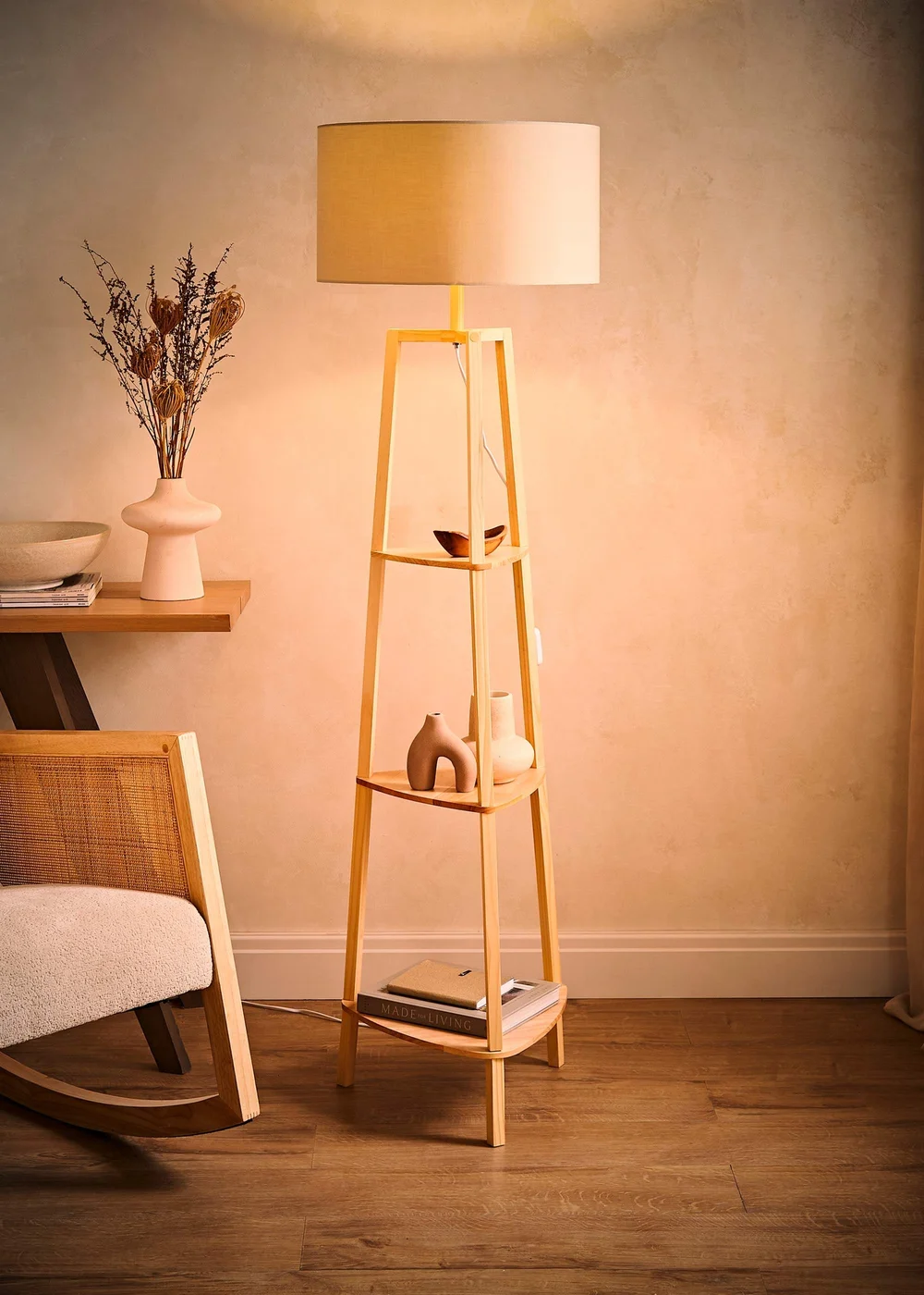 ValueLights Hiru Natural 3 Tier Shelf Floor Lamp with Natural Drum Shade - One Size Image 2