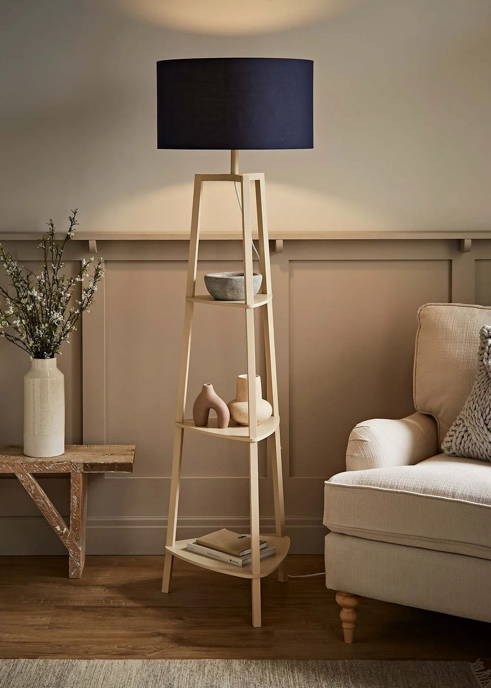 ValueLights Hiru Cream 3 Tier Shelf Floor Lamp with Navy Drum Shade - One Size Image 1