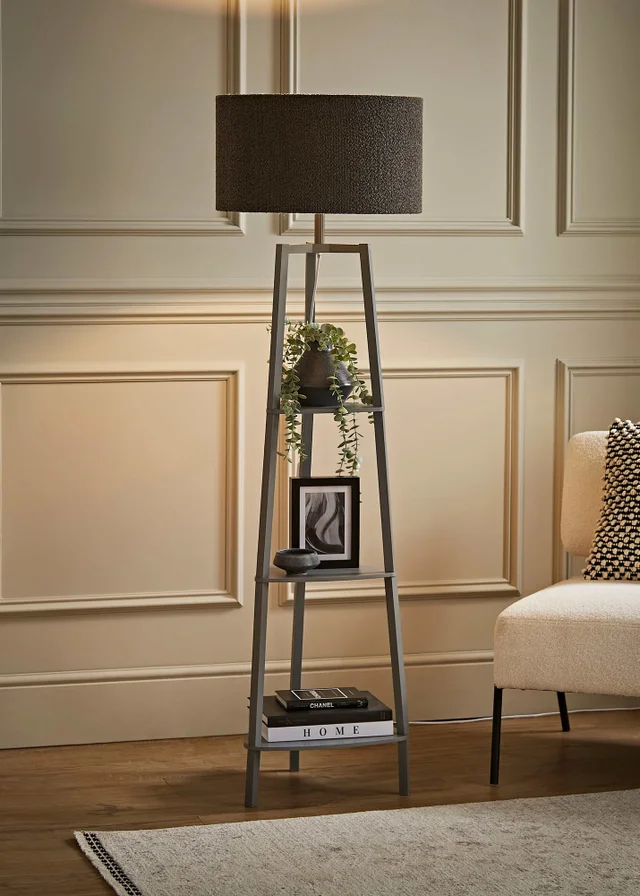 ValueLights Hiru Grey 3 Tier Shelf Floor Lamp with Charcoal Boucle Shade