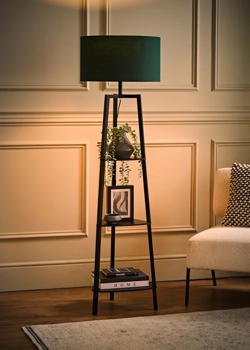 ValueLights Hiru Black 3 Tier Shelf Floor Lamp with Green Drum Shade - One Size Image 2