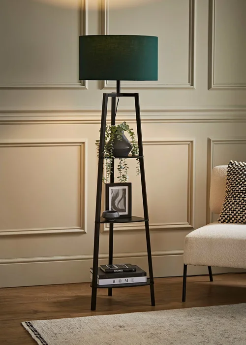 ValueLights Hiru Black 3 Tier Shelf Floor Lamp with Green Drum Shade - One Size Image 1