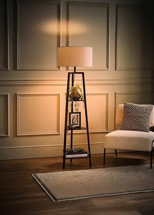 ValueLights Hiru Black 3 Tier Shelf Floor Lamp with Grey Drum Shade - One Size Image 2