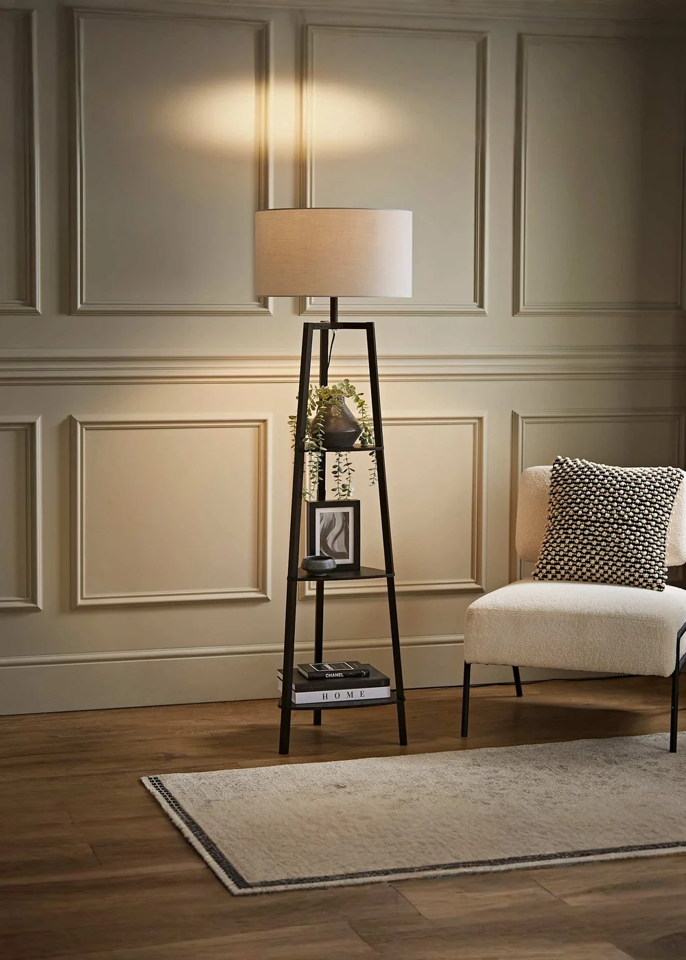 ValueLights Hiru Black 3 Tier Shelf Floor Lamp with Grey Drum Shade - One Size Image 1