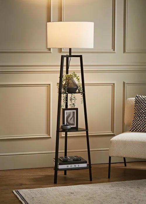 ValueLights Hiru Black 3 Tier Shelf Floor Lamp with White Drum Shade - One Size Image 1