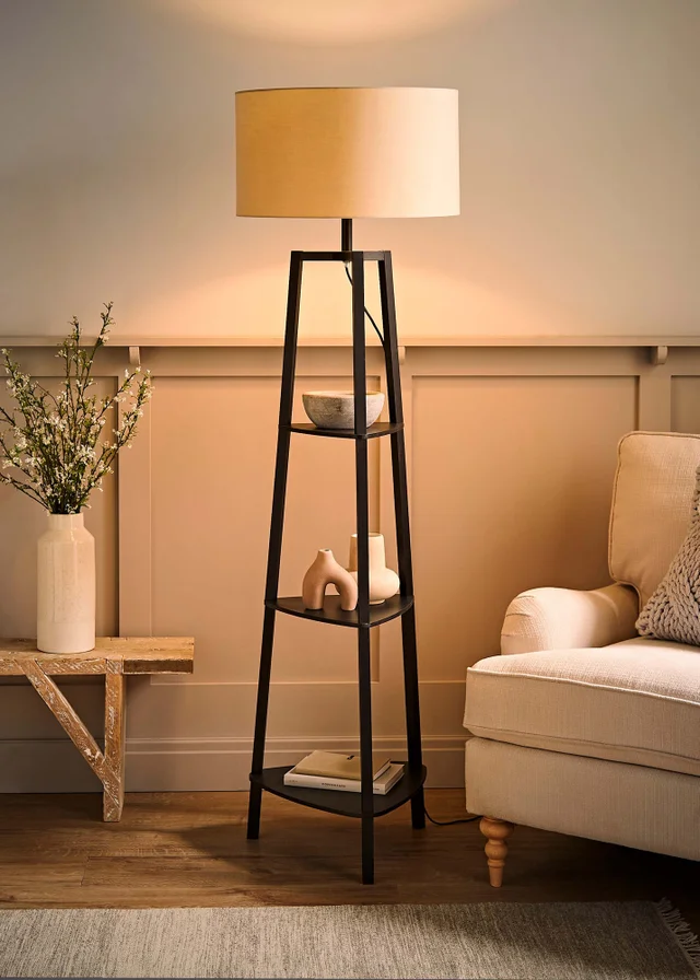ValueLights Hiru Black 3 Tier Shelf Floor Lamp with Cream Drum Shade