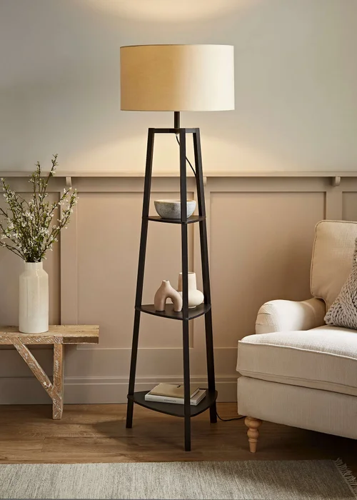 ValueLights Hiru Black 3 Tier Shelf Floor Lamp with Cream Drum Shade - One Size Image 1