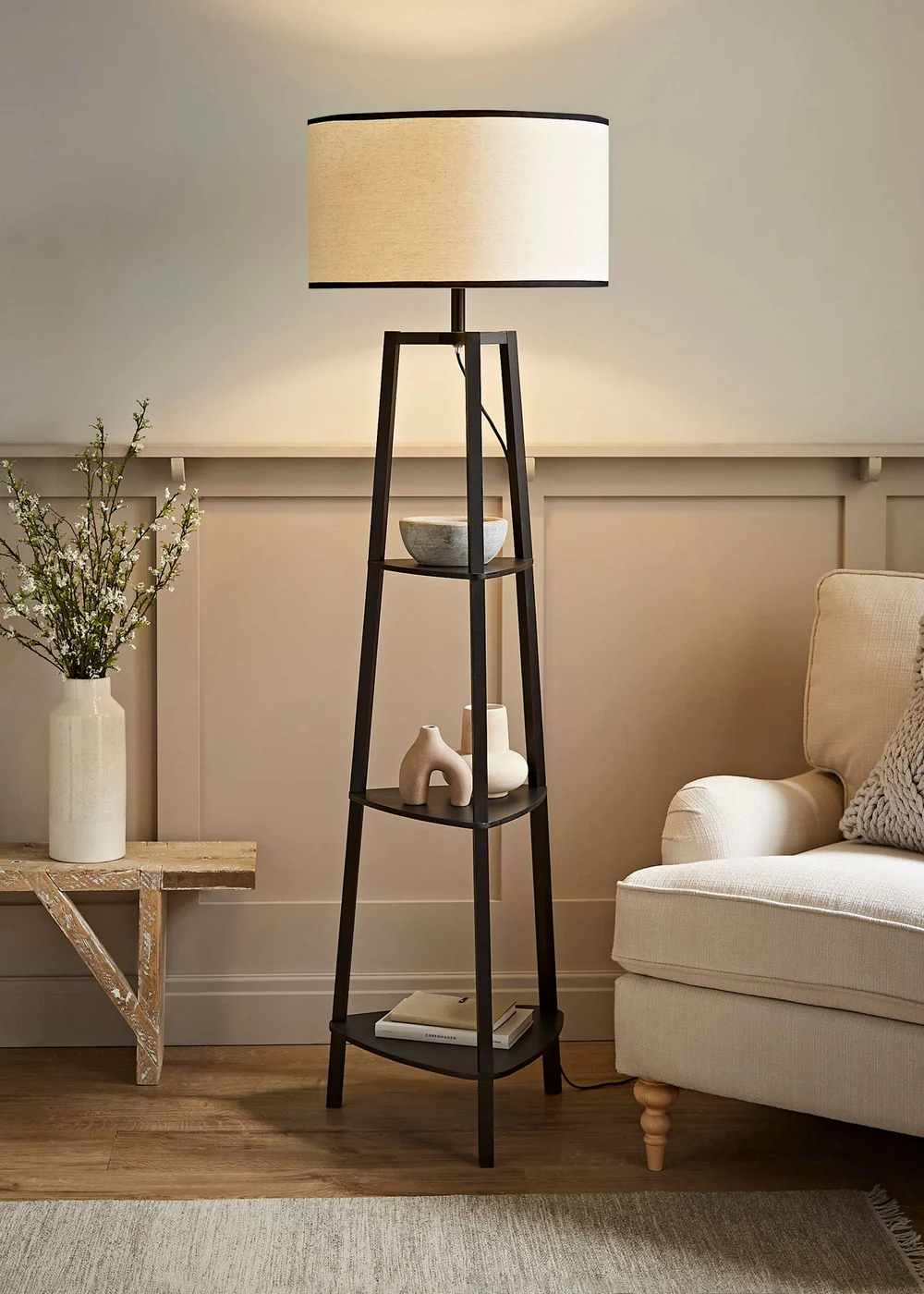ValueLights Hiru Black 3 Tier Shelf Floor Lamp with Black Trim Linen Shade - One Size Image 1