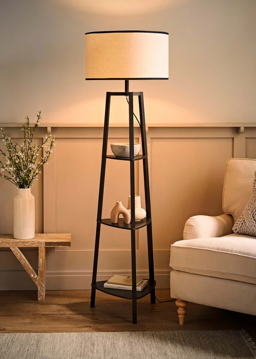 ValueLights Hiru Black 3 Tier Shelf Floor Lamp with Black Trim Linen Shade - One Size Image 2