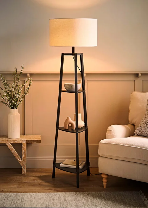 ValueLights Hiru Black 3 Tier Shelf Floor Lamp with White Trim Linen Shade - One Size Image 2