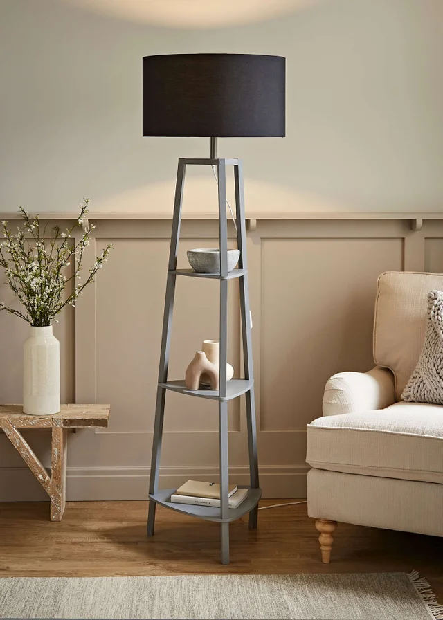 ValueLights Hiru Grey 3 Tier Shelf Floor Lamp with Black Drum Shade