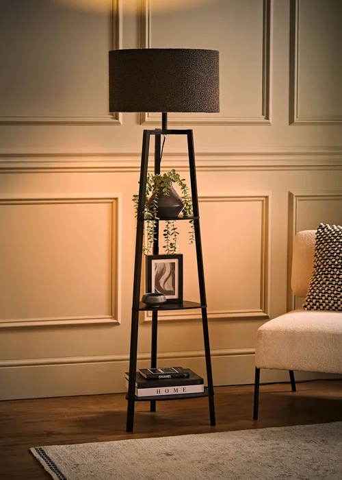 ValueLights Hiru Black 3 Tier Shelf Floor Lamp with Charcoal Boucle Shade - One Size Image 2