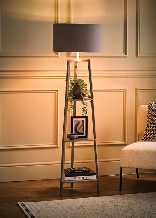 ValueLights Hiru Grey 3 Tier Shelf Floor Lamp with Metallic Silver Inner Shade - One Size Image 2