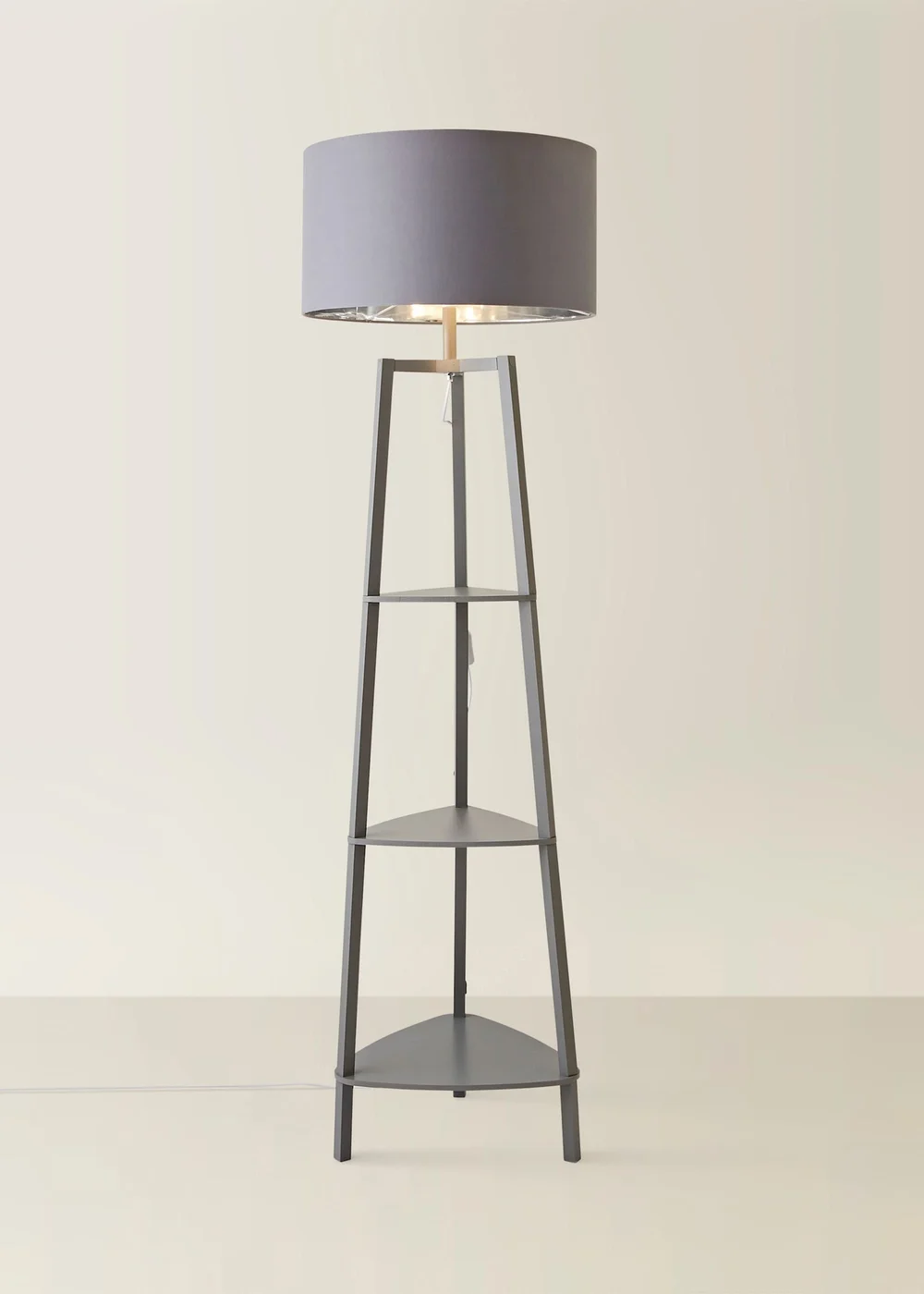 ValueLights Hiru Grey 3 Tier Shelf Floor Lamp with Metallic Silver Inner Shade - One Size Image 3