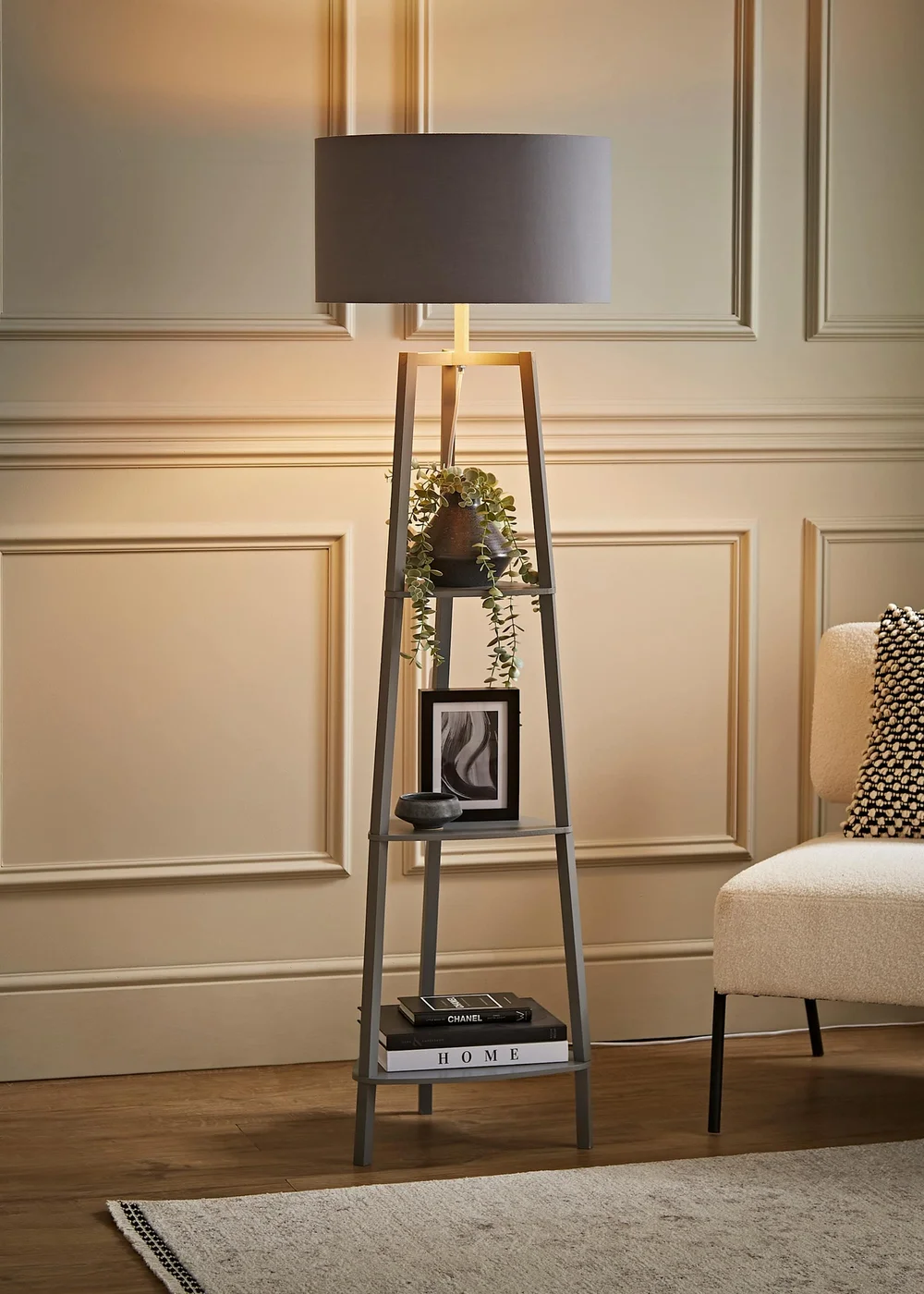 ValueLights Hiru Grey 3 Tier Shelf Floor Lamp with Metallic Copper Inner Shade - One Size Image 1
