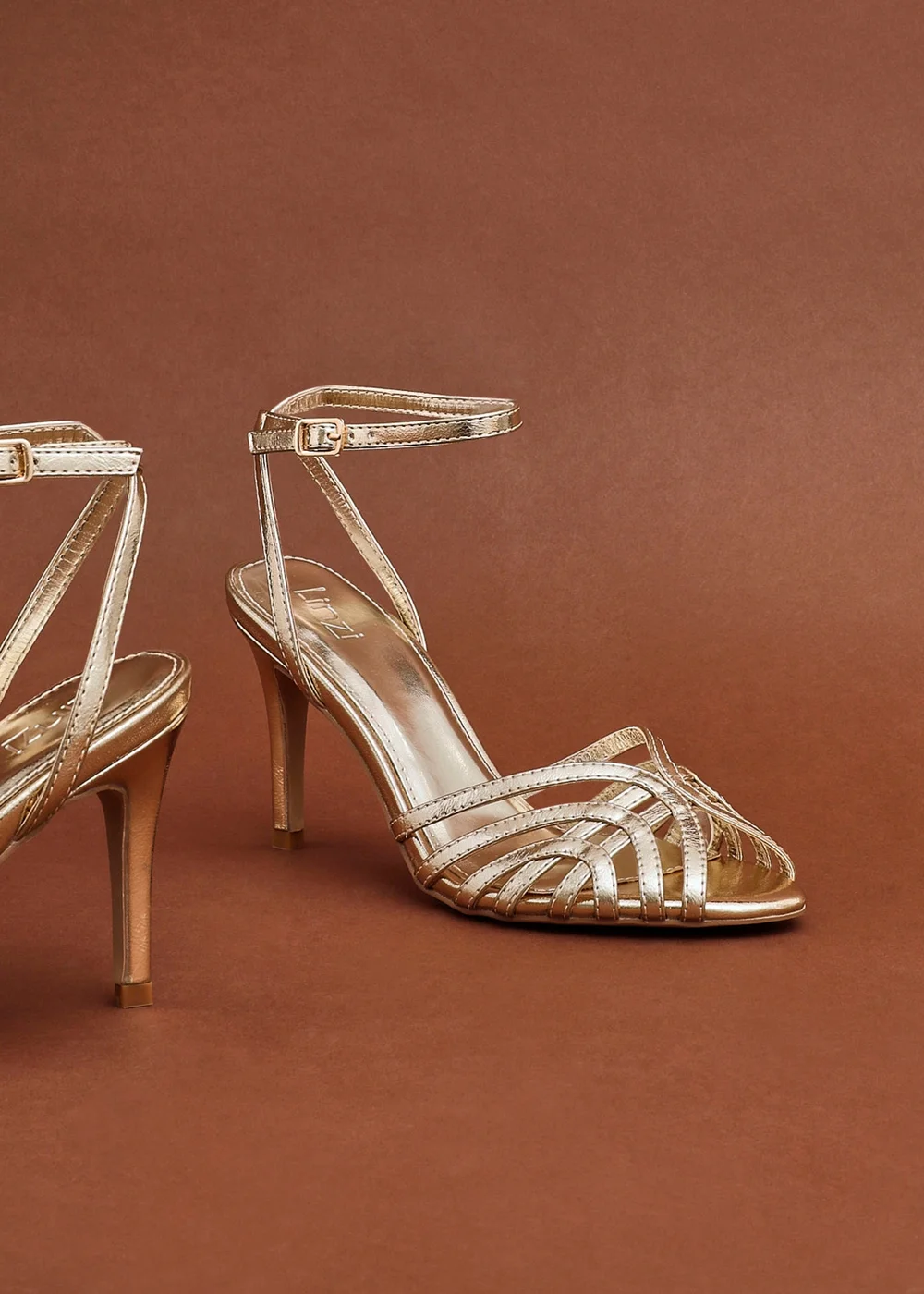 Linzi Eros Gold Faux Leather Caged Stiletto Heel - Size 6 Image 1