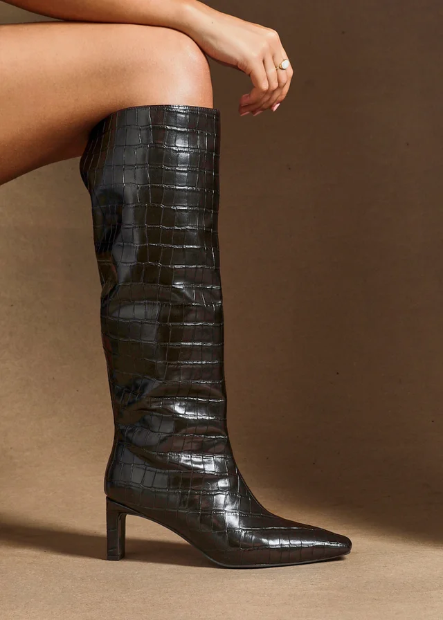 Linzi Uptown Brown Faux Croc Knee High Boot