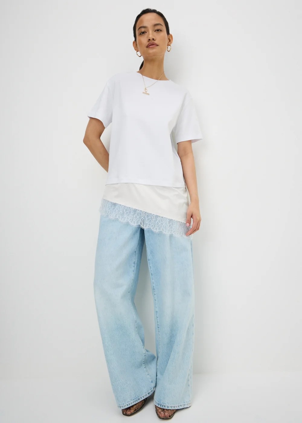 White Satin Lace Hem T-Shirt - 12 Image 1