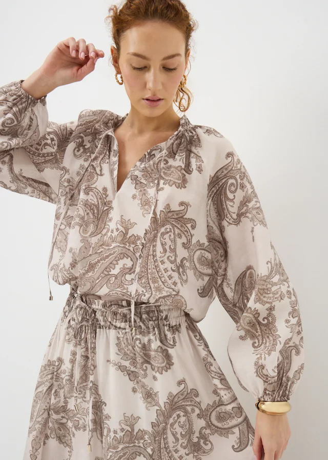 Nude Pink Paisley Tie Neck Blouse